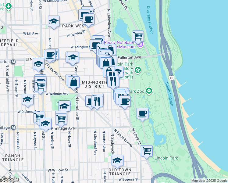 map of restaurants, bars, coffee shops, grocery stores, and more near 2200 North Clark Street in Chicago
