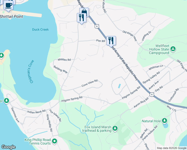map of restaurants, bars, coffee shops, grocery stores, and more near 100 East Hill Road in Wellfleet