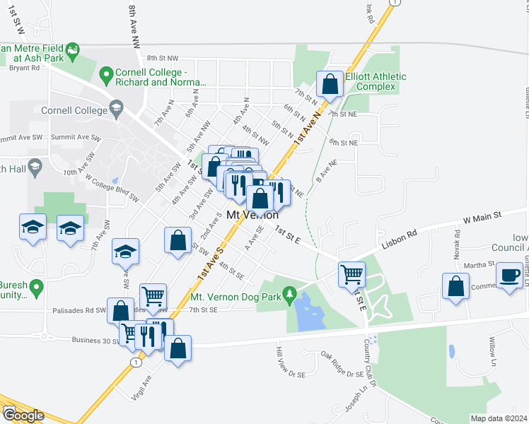 map of restaurants, bars, coffee shops, grocery stores, and more near 113 1st Street Northeast in Mount Vernon