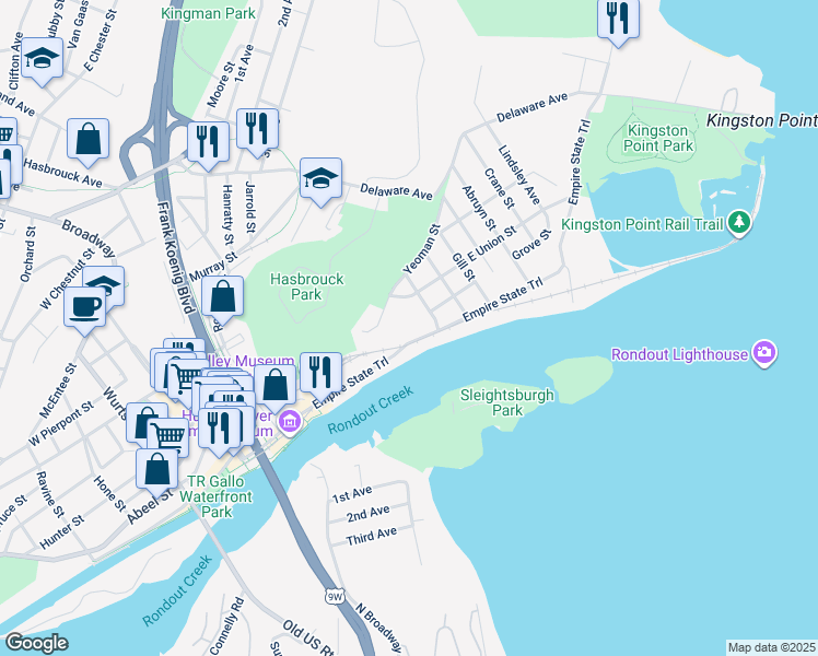 map of restaurants, bars, coffee shops, grocery stores, and more near 185 Rondout Landing in Kingston