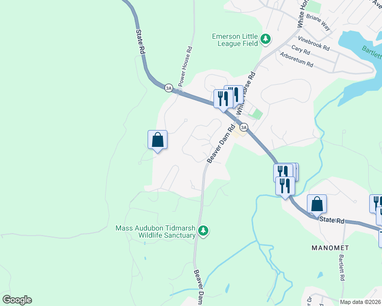 map of restaurants, bars, coffee shops, grocery stores, and more near 94 Old Field Road in Plymouth