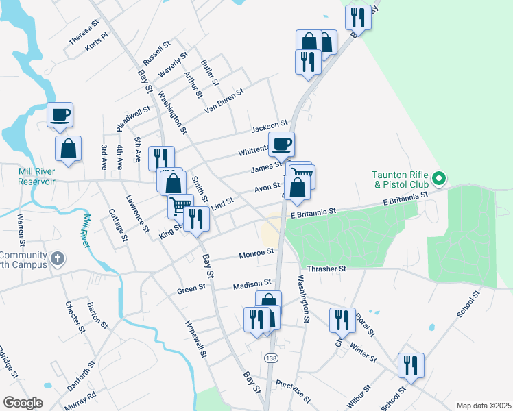 map of restaurants, bars, coffee shops, grocery stores, and more near 333 Washington Street in Taunton