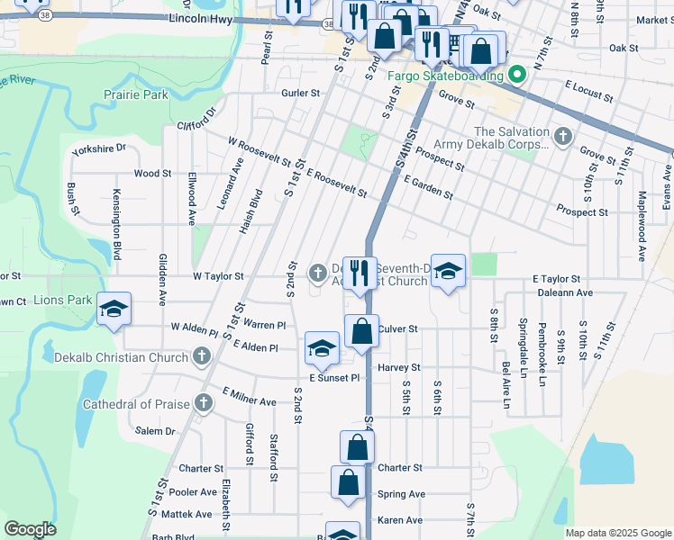 map of restaurants, bars, coffee shops, grocery stores, and more near 311 East Taylor Street in DeKalb