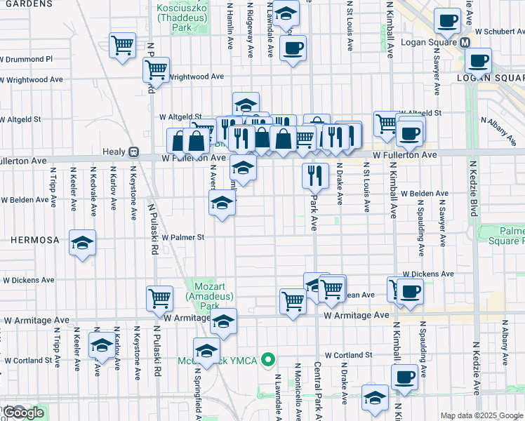 map of restaurants, bars, coffee shops, grocery stores, and more near 3714 West Lyndale Street in Chicago