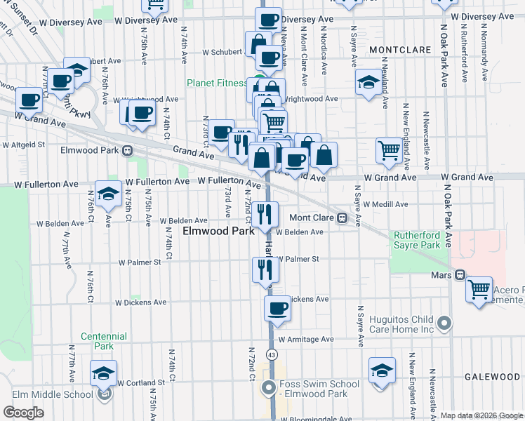 map of restaurants, bars, coffee shops, grocery stores, and more near 2310 North Harlem Avenue in Elmwood Park