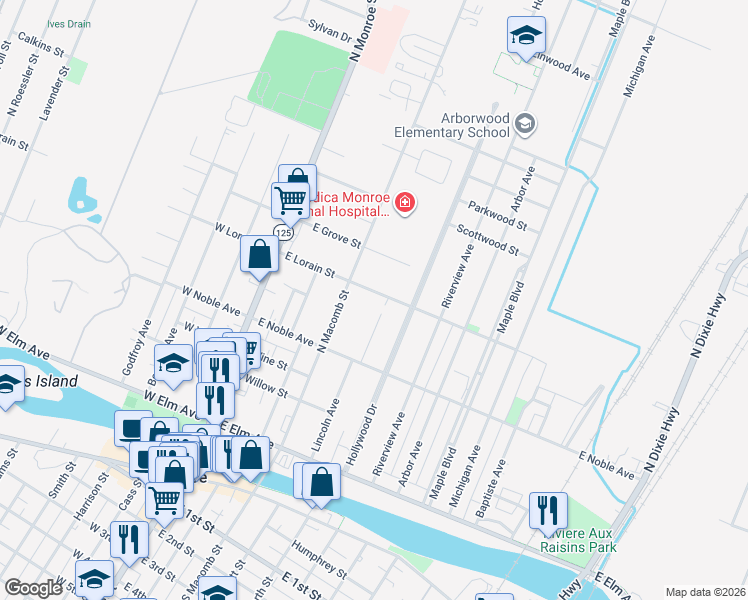 map of restaurants, bars, coffee shops, grocery stores, and more near 232 East Lorain Street in Monroe