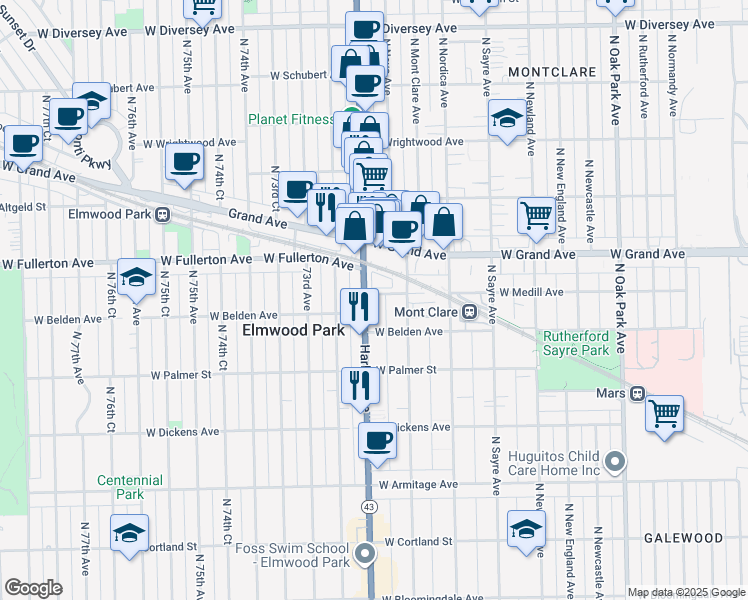 map of restaurants, bars, coffee shops, grocery stores, and more near 2333 North Harlem Avenue in Chicago