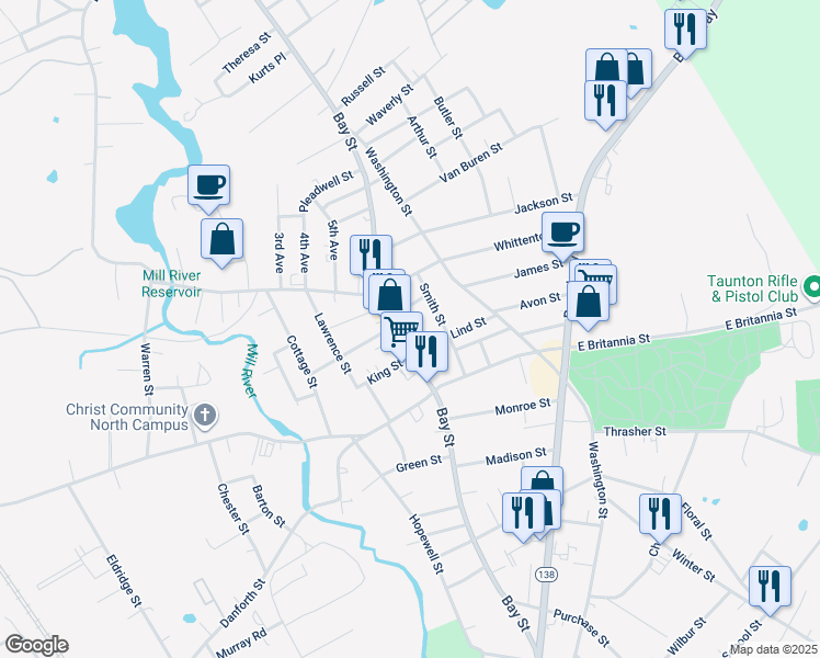 map of restaurants, bars, coffee shops, grocery stores, and more near 375 Bay Street in Taunton