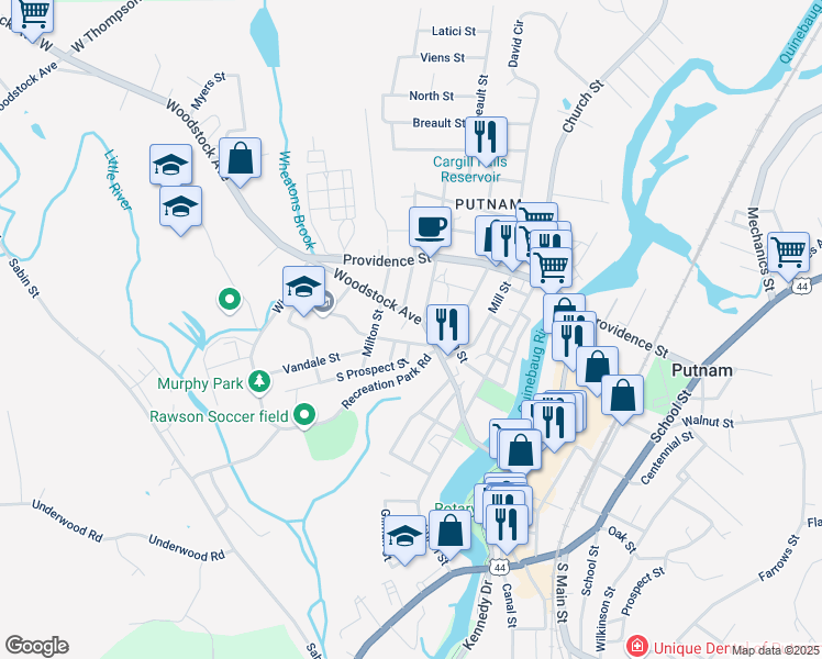 map of restaurants, bars, coffee shops, grocery stores, and more near 82 Woodstock Avenue in Putnam