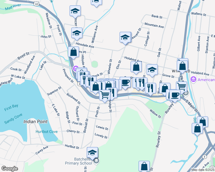 map of restaurants, bars, coffee shops, grocery stores, and more near 45 Elm Street in Winsted