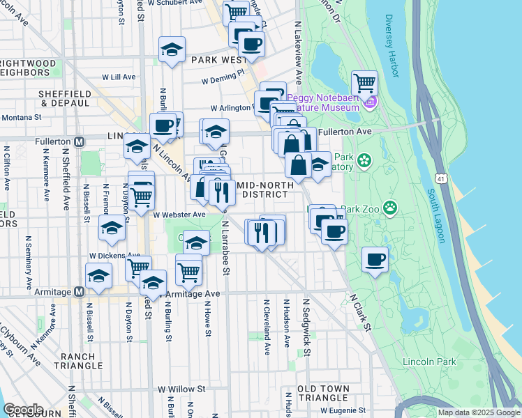 map of restaurants, bars, coffee shops, grocery stores, and more near 514 West Webster Avenue in Chicago