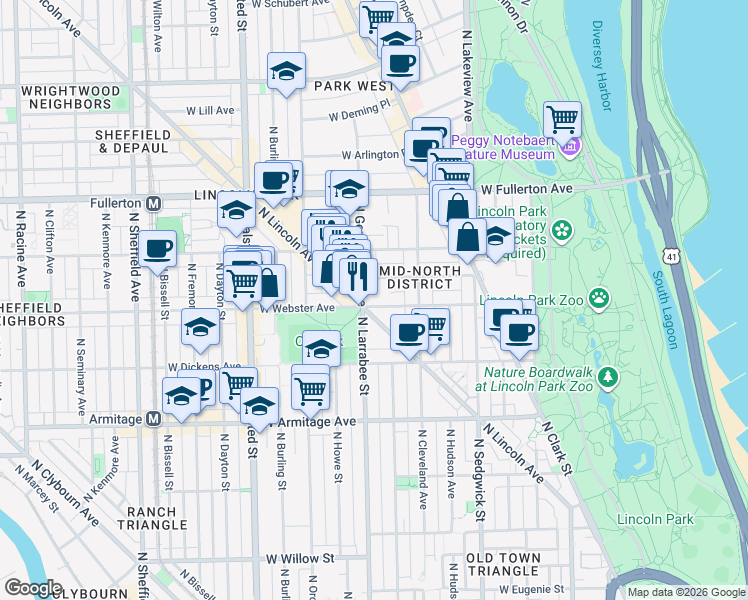 map of restaurants, bars, coffee shops, grocery stores, and more near 558 West Webster Avenue in Chicago