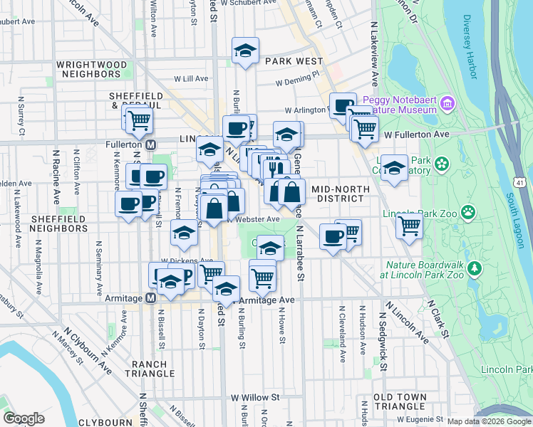 map of restaurants, bars, coffee shops, grocery stores, and more near 2200 North Orchard Street in Chicago