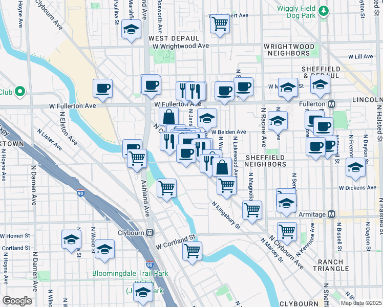 map of restaurants, bars, coffee shops, grocery stores, and more near 2211 North Clybourn Avenue in Chicago