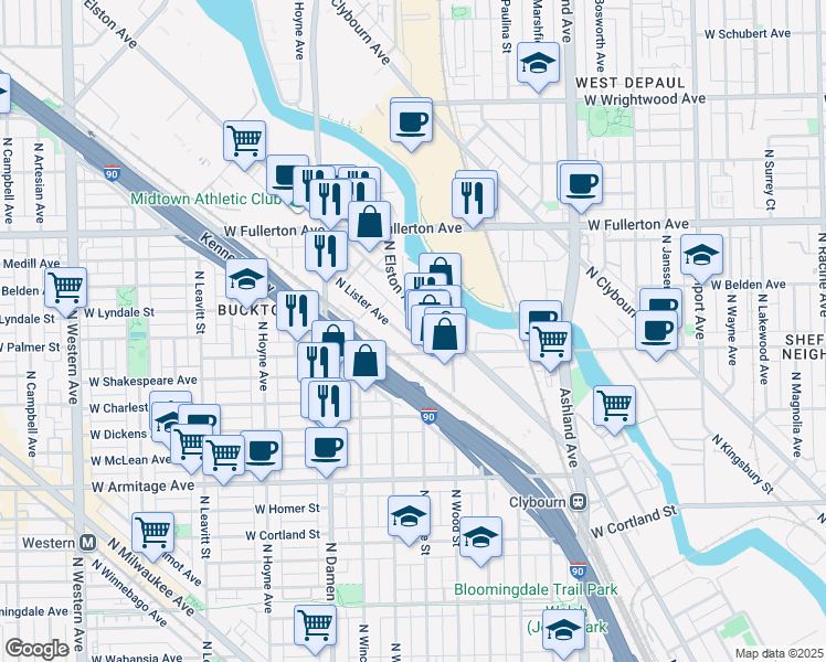 map of restaurants, bars, coffee shops, grocery stores, and more near 2244 North Lister Avenue in Chicago