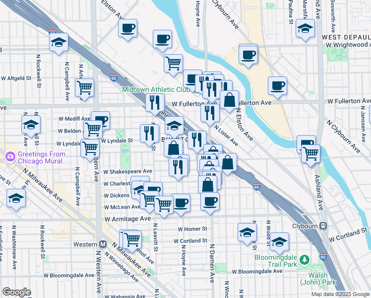 map of restaurants, bars, coffee shops, grocery stores, and more near 2218 North Seeley Avenue in Chicago