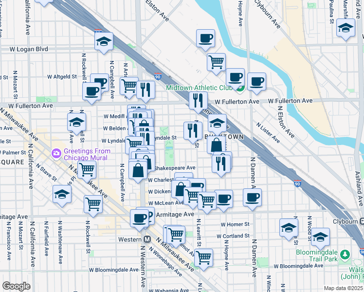 map of restaurants, bars, coffee shops, grocery stores, and more near 2234 West Palmer Street in Chicago