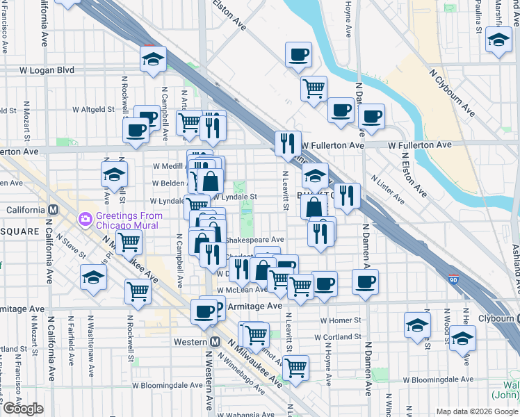 map of restaurants, bars, coffee shops, grocery stores, and more near 2234 West Palmer Street in Chicago
