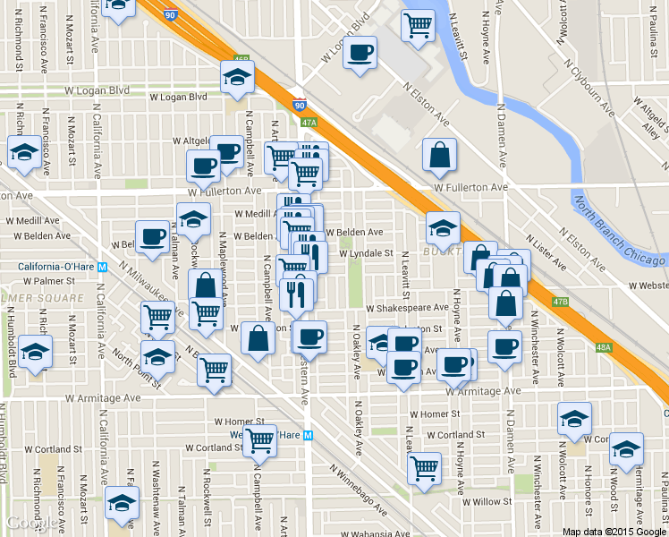 map of restaurants, bars, coffee shops, grocery stores, and more near 2204 North Oakley Avenue in Chicago