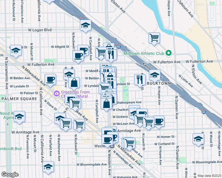 map of restaurants, bars, coffee shops, grocery stores, and more near 2346 West Palmer Street in Chicago