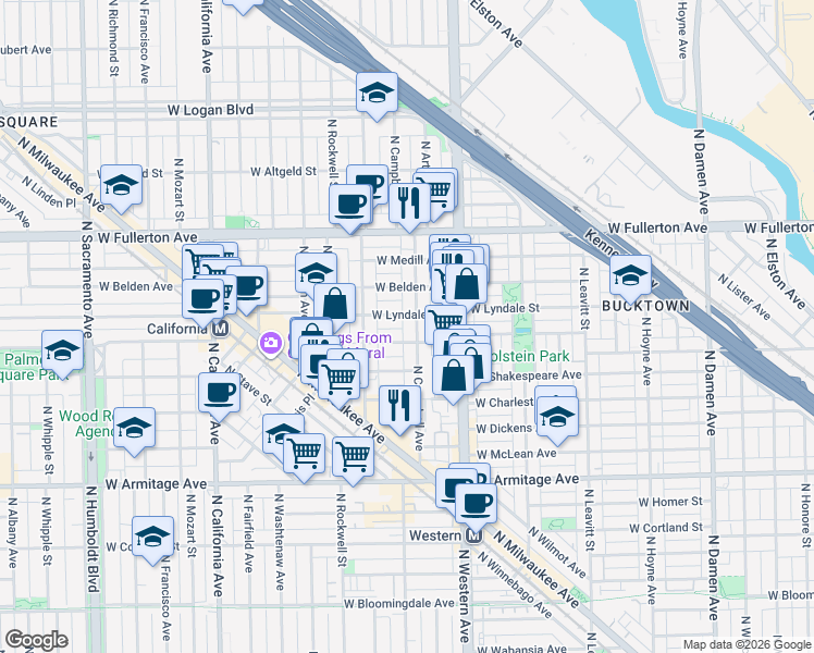 map of restaurants, bars, coffee shops, grocery stores, and more near 2516 West Palmer Street in Chicago