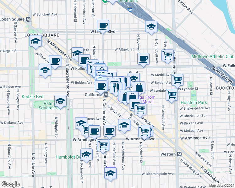 map of restaurants, bars, coffee shops, grocery stores, and more near 2262 North Milwaukee Avenue in Chicago
