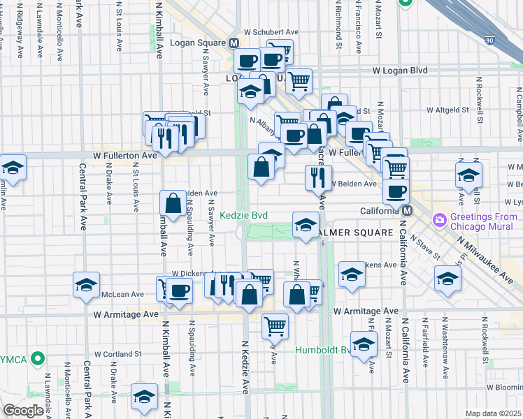 map of restaurants, bars, coffee shops, grocery stores, and more near 2233 North Kedzie Boulevard in Chicago