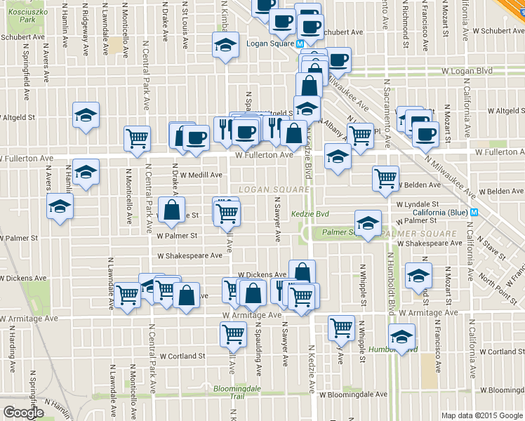 map of restaurants, bars, coffee shops, grocery stores, and more near 2228 North Sawyer Avenue in Chicago
