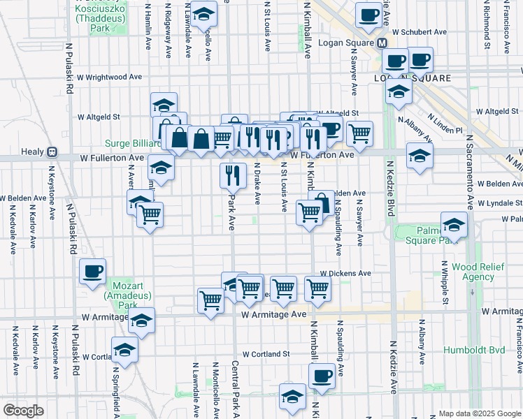map of restaurants, bars, coffee shops, grocery stores, and more near 3546 West Lyndale Street in Chicago