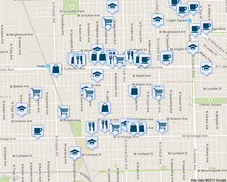 map of restaurants, bars, coffee shops, grocery stores, and more near 2234 North Monticello Avenue in Chicago