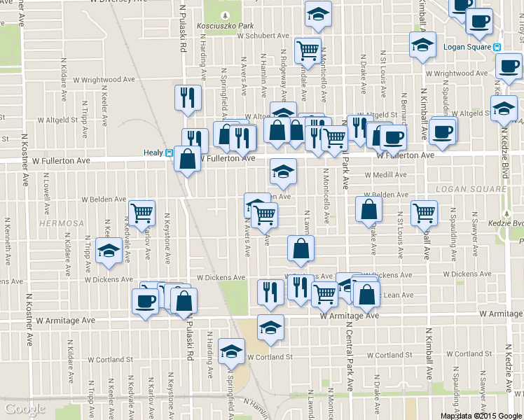 map of restaurants, bars, coffee shops, grocery stores, and more near 3752 West Lyndale Street in Chicago