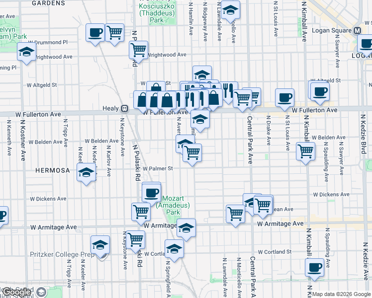 map of restaurants, bars, coffee shops, grocery stores, and more near 2235 North Avers Avenue in Chicago