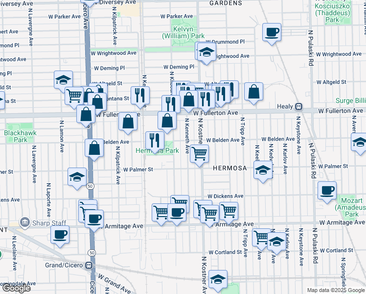 map of restaurants, bars, coffee shops, grocery stores, and more near 2242 North Kenneth Avenue in Chicago