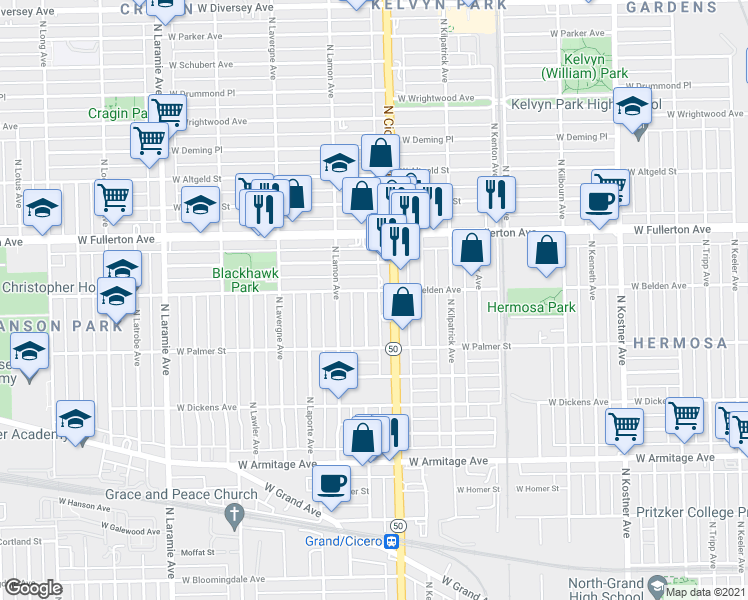 map of restaurants, bars, coffee shops, grocery stores, and more near 2249 North La Crosse Avenue in Chicago