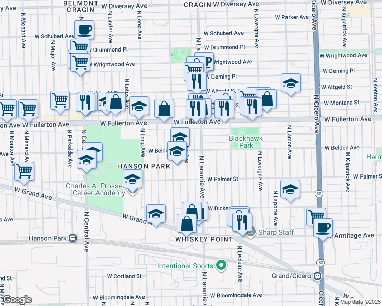 map of restaurants, bars, coffee shops, grocery stores, and more near 2250 North Latrobe Avenue in Chicago