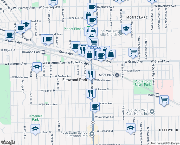 map of restaurants, bars, coffee shops, grocery stores, and more near 2305 North 72nd Court in Elmwood Park