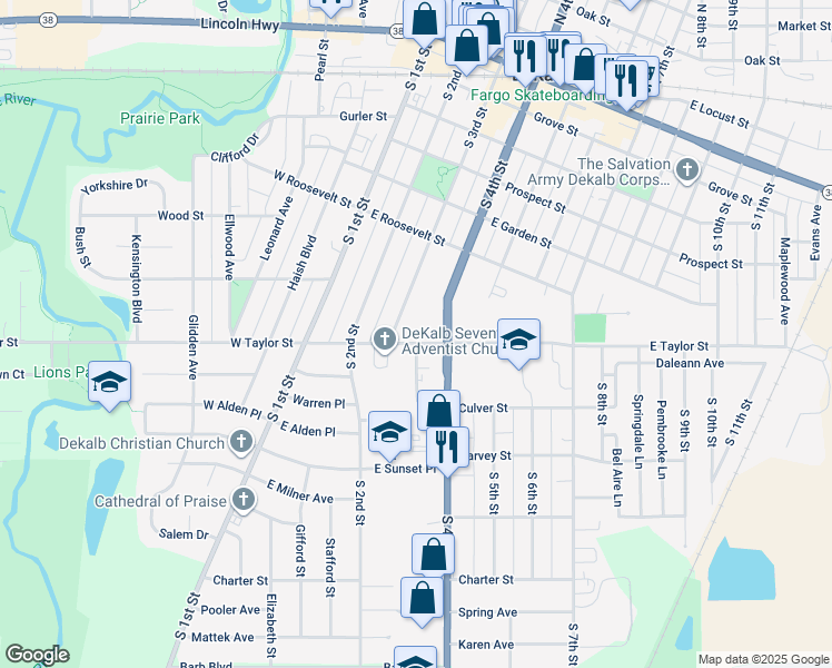 map of restaurants, bars, coffee shops, grocery stores, and more near 311 East Taylor Street in DeKalb