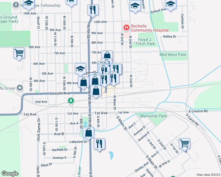 map of restaurants, bars, coffee shops, grocery stores, and more near 406 Cherry Avenue in Rochelle