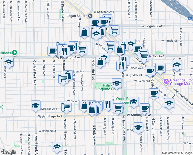 map of restaurants, bars, coffee shops, grocery stores, and more near 2233 North Kedzie Boulevard in Chicago