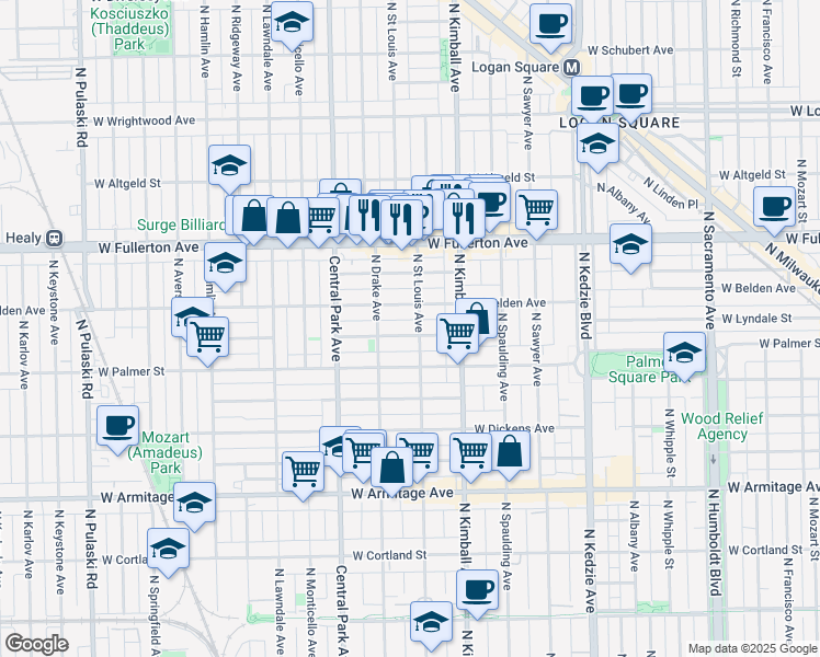 map of restaurants, bars, coffee shops, grocery stores, and more near 3504 West Lyndale Street in Chicago
