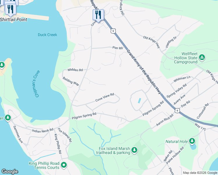 map of restaurants, bars, coffee shops, grocery stores, and more near 100 East Hill Road in Wellfleet