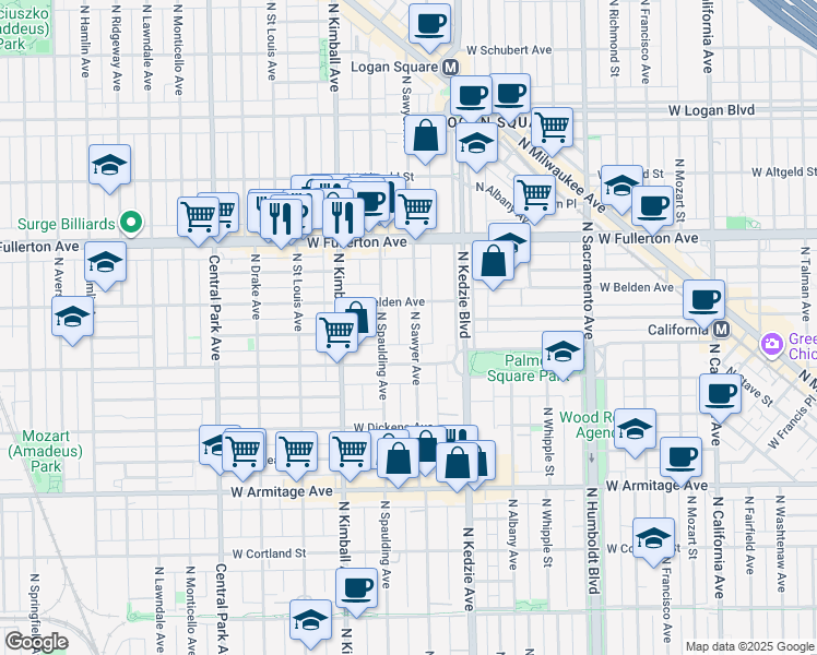 map of restaurants, bars, coffee shops, grocery stores, and more near 2230 North Sawyer Avenue in Chicago