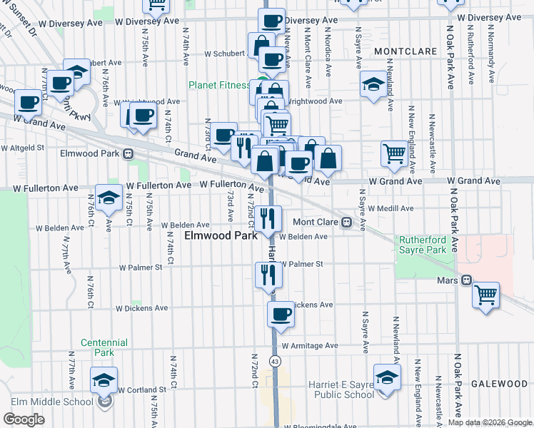 map of restaurants, bars, coffee shops, grocery stores, and more near 2305 North 72nd Court in Elmwood Park