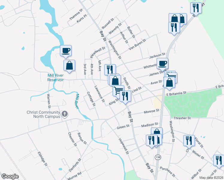 map of restaurants, bars, coffee shops, grocery stores, and more near 11 State Street in Taunton