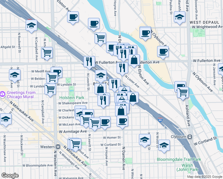 map of restaurants, bars, coffee shops, grocery stores, and more near 2218 North Seeley Avenue in Chicago