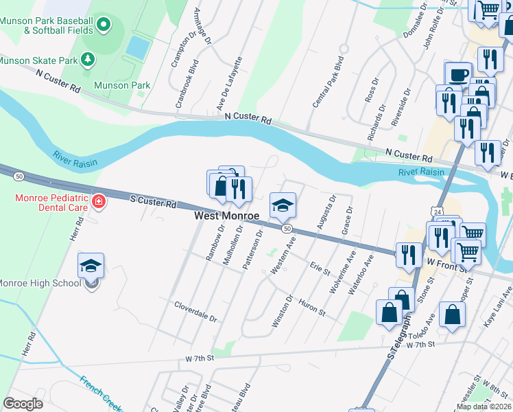 map of restaurants, bars, coffee shops, grocery stores, and more near 525 Mulhollen Drive in Monroe