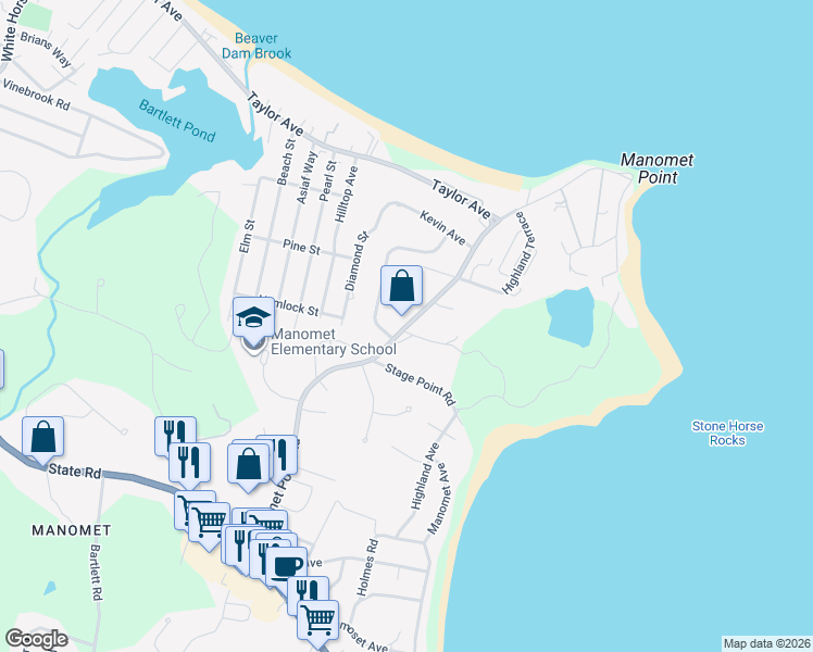 map of restaurants, bars, coffee shops, grocery stores, and more near Manomet Point Road in Plymouth