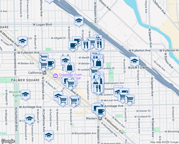 map of restaurants, bars, coffee shops, grocery stores, and more near 2215 North Campbell Avenue in Chicago