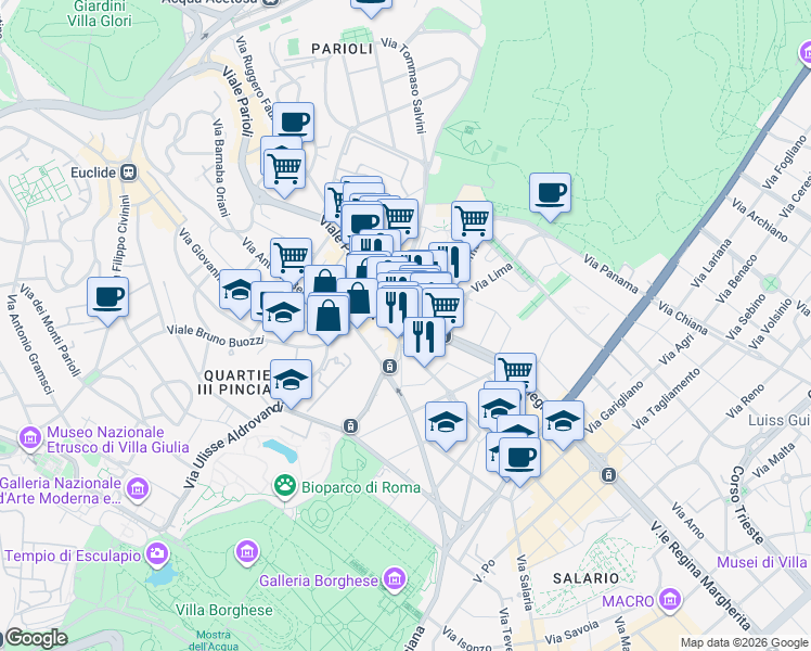 map of restaurants, bars, coffee shops, grocery stores, and more near 48 Viale Gioacchino Rossini in Roma