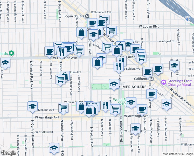 map of restaurants, bars, coffee shops, grocery stores, and more near 2233 North Kedzie Boulevard in Chicago